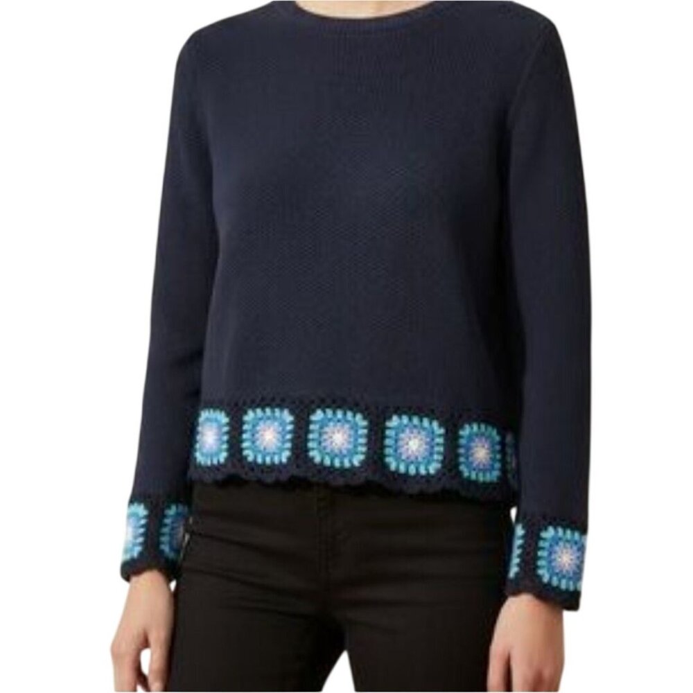 Joseph A. Navy Cotton Knit Crochet Granny Square Hem Bohemian Size M